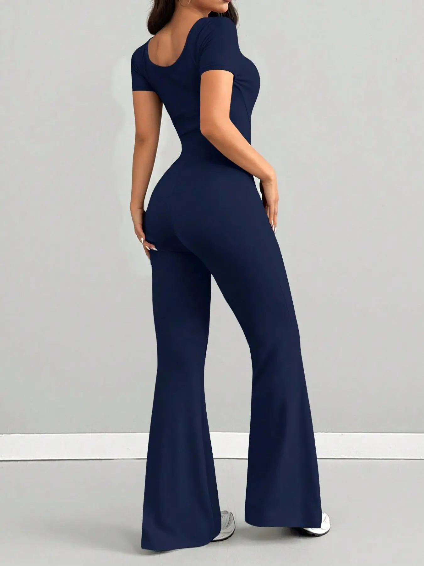 Women's Multicolor Square Neck Bell Bottom One-Piece Pants, Casual Sporty Style, Fitted Slim Fit, High Elasticity, Stretch Jumpsuit, Daily Wear, Light Sports, Commute, Sporty Jumpsuit, Solid Jumpsuit
