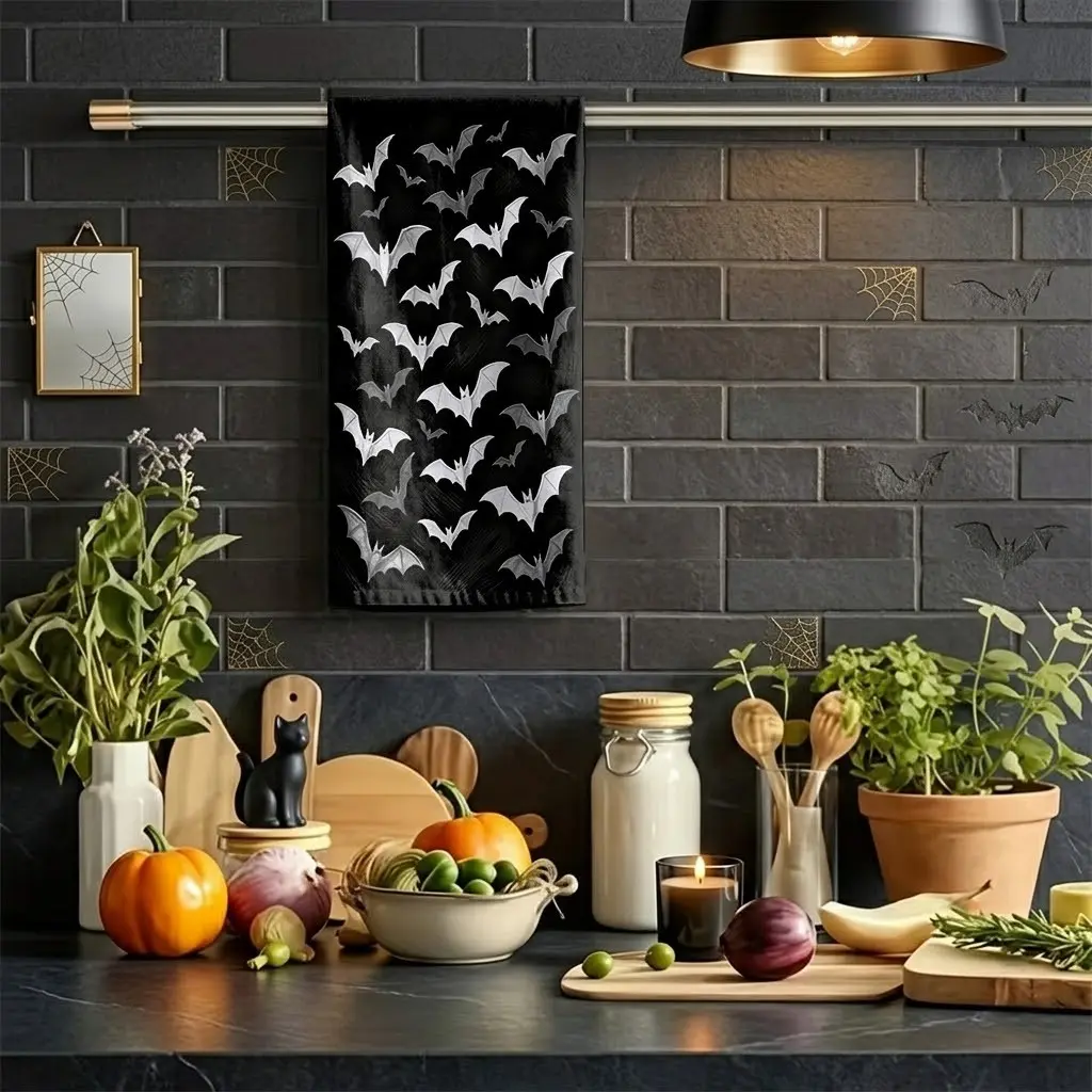 1pcs Halloween Black Background White Bats Kitchen Towels, Soft Absorbent Reusable Dish Cloths, Fade Resistant Multi-Purpose Hand Towel for Kitchen, Bathroom, Dining Table Spooky Holiday Home Decor