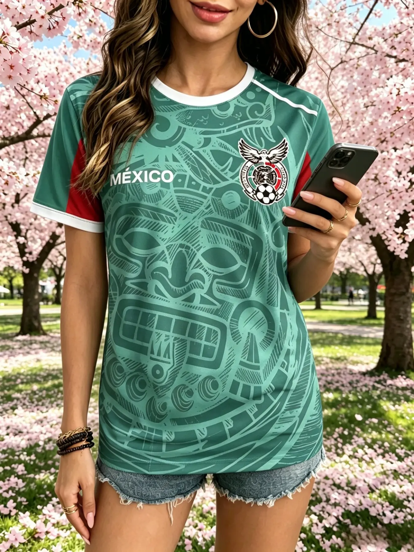 Mexican Eagle Soccer Team Logo Print Round Neck Short Sleeve T-Shirt, Women's Maya Tribal Pattern Lightweight Sports Top, Casual Loose Fit, Active Shirts