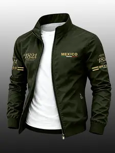 Men's City Theme Print Stand Collar Long Sleeve Jacket, Durable Casual Zipper Outerwear, Business Style Outdoor Sports Coat, Slim Fit, Perfect Gift