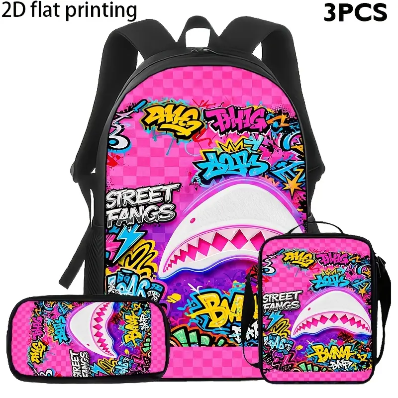 A 3-piece set featuring a pink graffiti shark theme, comprising a backpack, a lunch bag, and a pencil case. Designed with a vibrant street-style aesthetic, it is suitable for daily use by students and teenagers.