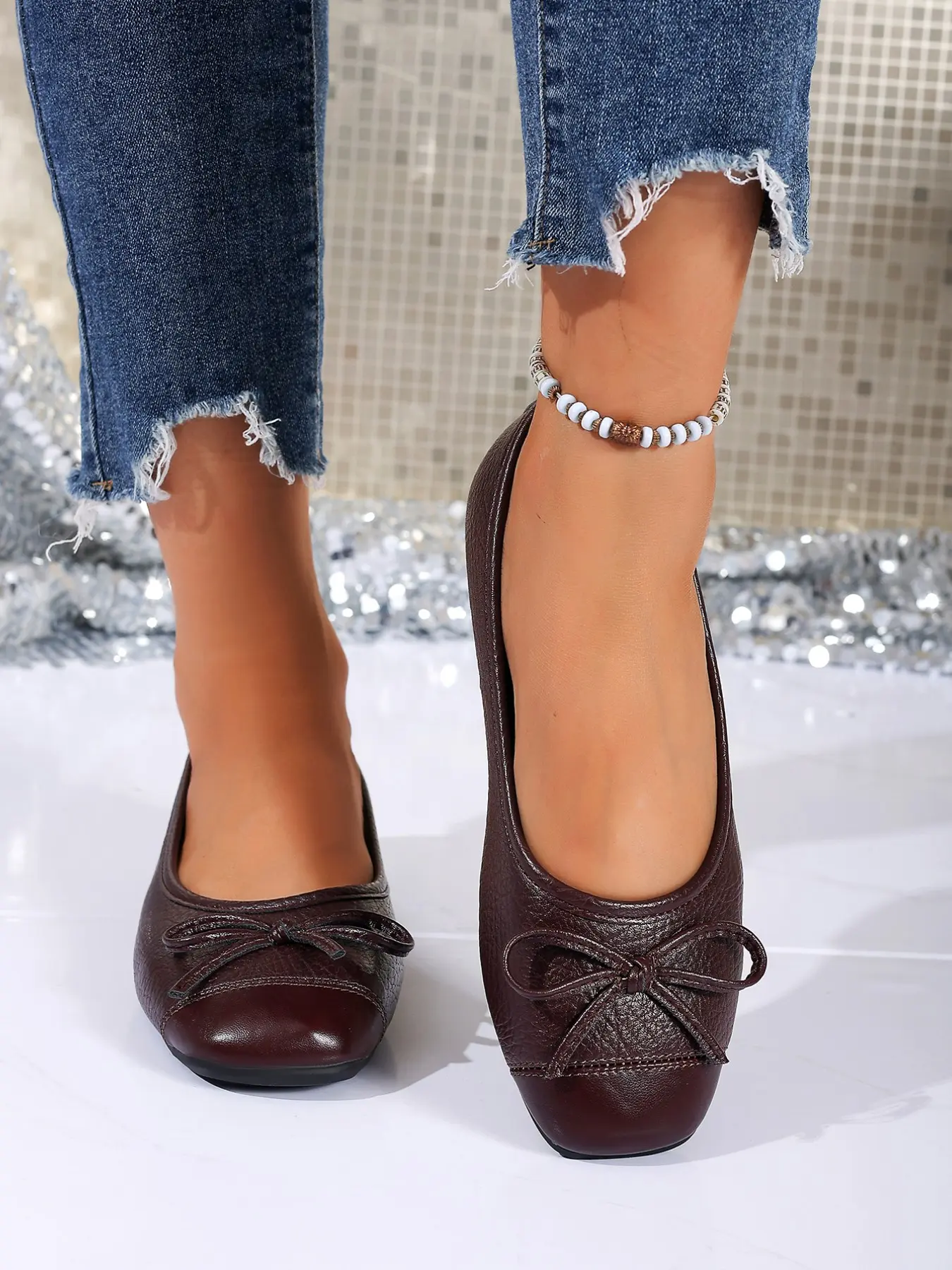 Women's Elegant Bow Split Toe Ballet Flats, Slip-On Low Heel Shoes, Plain PU Upper, Perfect for Daily Wear and Commuting