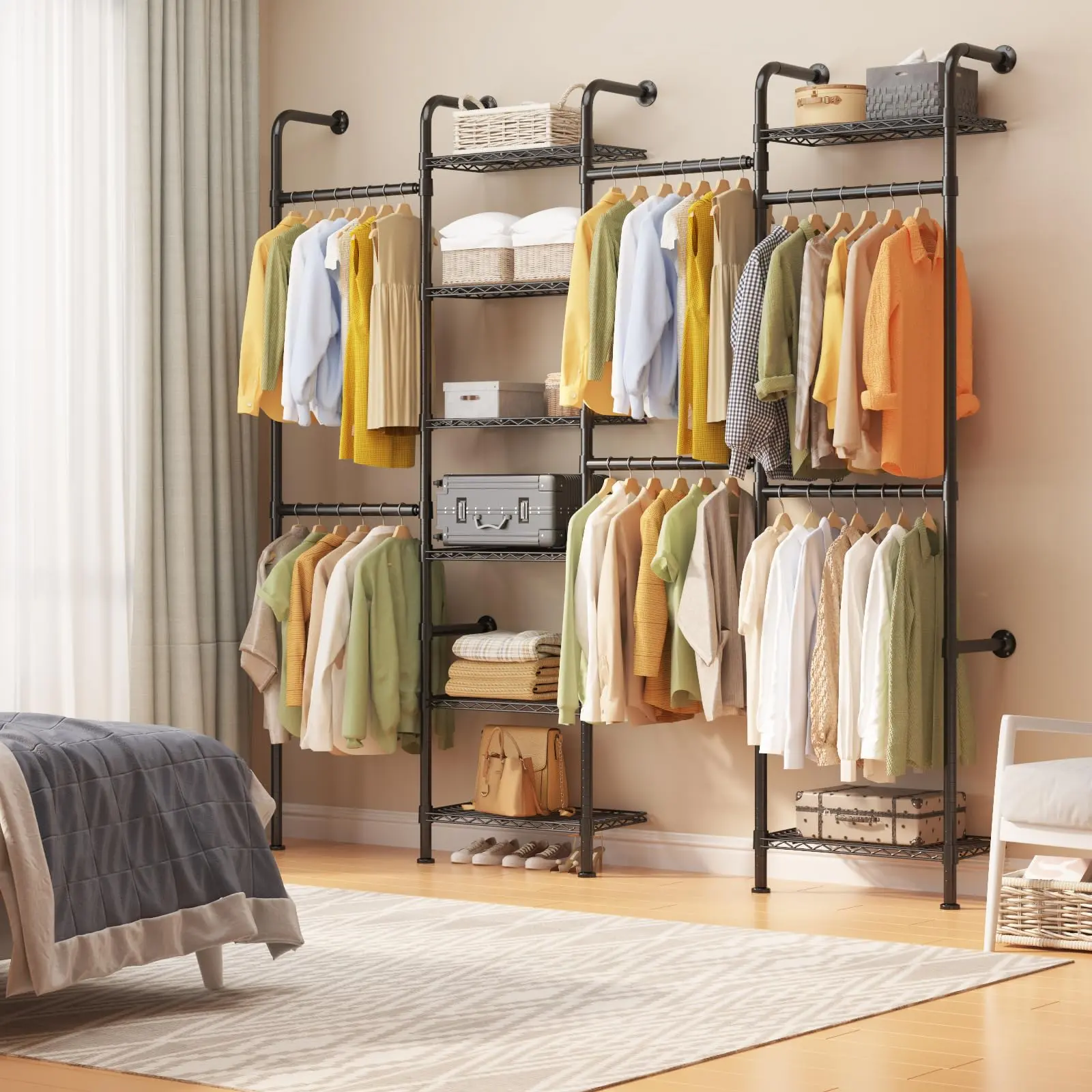Garvee Industrial Pipe Wall-Mounted Closet System, Heavy-Duty Carbon Steel Clothes Rack Organizer - 2 Expandable Hanging Rods (23.62–35.43 in) - 8 Wire Shelves, Matte Black