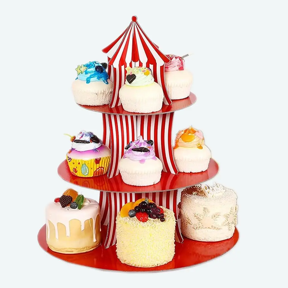Modern 3-Layer Cupcake Stand, Red White, 13.7x11.8", Easy Assembly Party Display for Circus Carnival Birthday Party Dessert Decoration, Happy Birthday