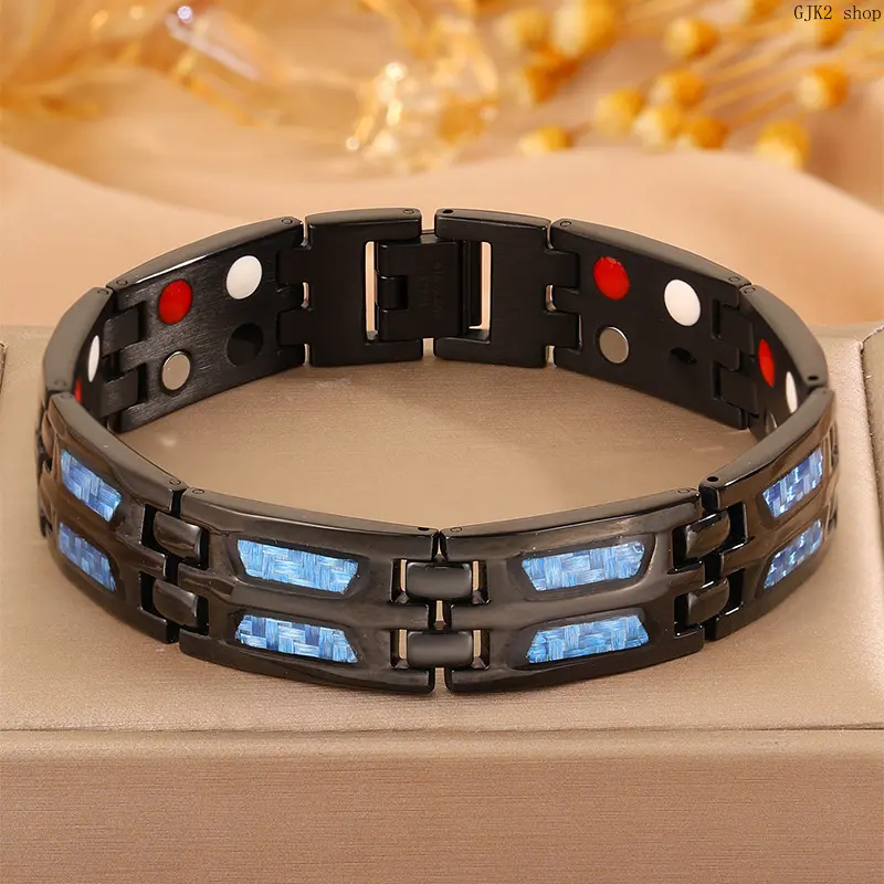 **Black Tone Double Layer Carbon Fiber Link Bracelet, Stone Inlay Stainless Steel Magnetic Bracelet For Men**