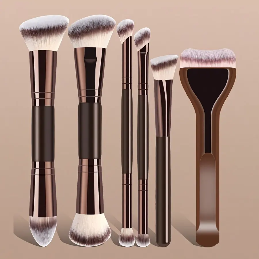 Dual-Ended Makeup Brush Set, 6pcs, Foundation Brush, Concealer Brush, Contour Brush, Beginner-Friendly, No Powder Waste Beauty Tools