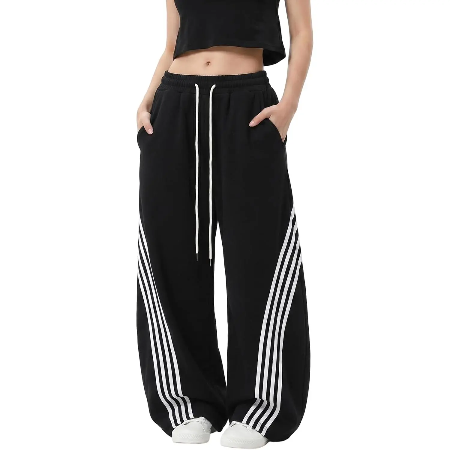 FNKRO Women's High-Waisted Striped Wide-Leg Sweatpants, Y2K Baggy Barrel Lounge Pants with Drawstring and Cuffs