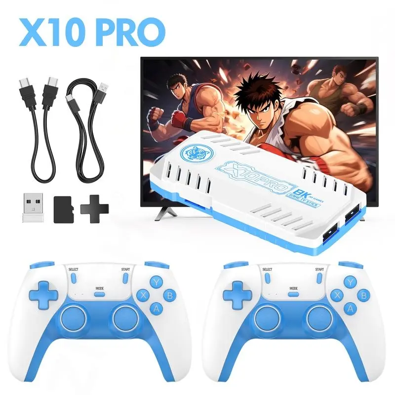 X10 Pro Game Console, Includes Psp & Ps1 Games, 2 Wireless Controllers, 128GB TF Card, Party Ready, Blue Design
