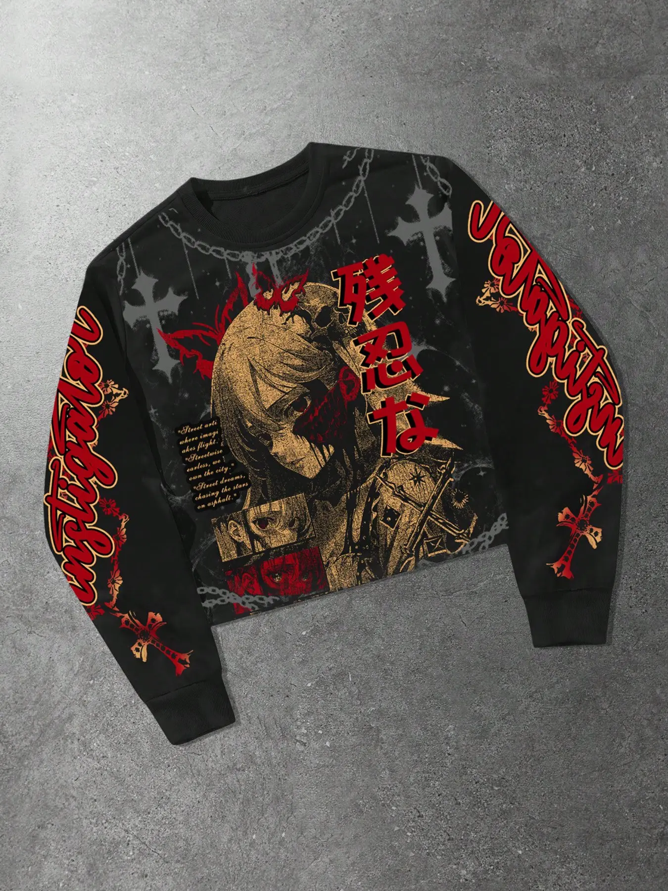 Cropped Long Sleeve Anime Graphic Crewneck Top, Sweatshirts, Casual, With Vintage Distressed Anime Girl, Red Japanese Kanji, Chain Cross & Butterfly Background Print, Lightweight Soft Breathable Pullover, M