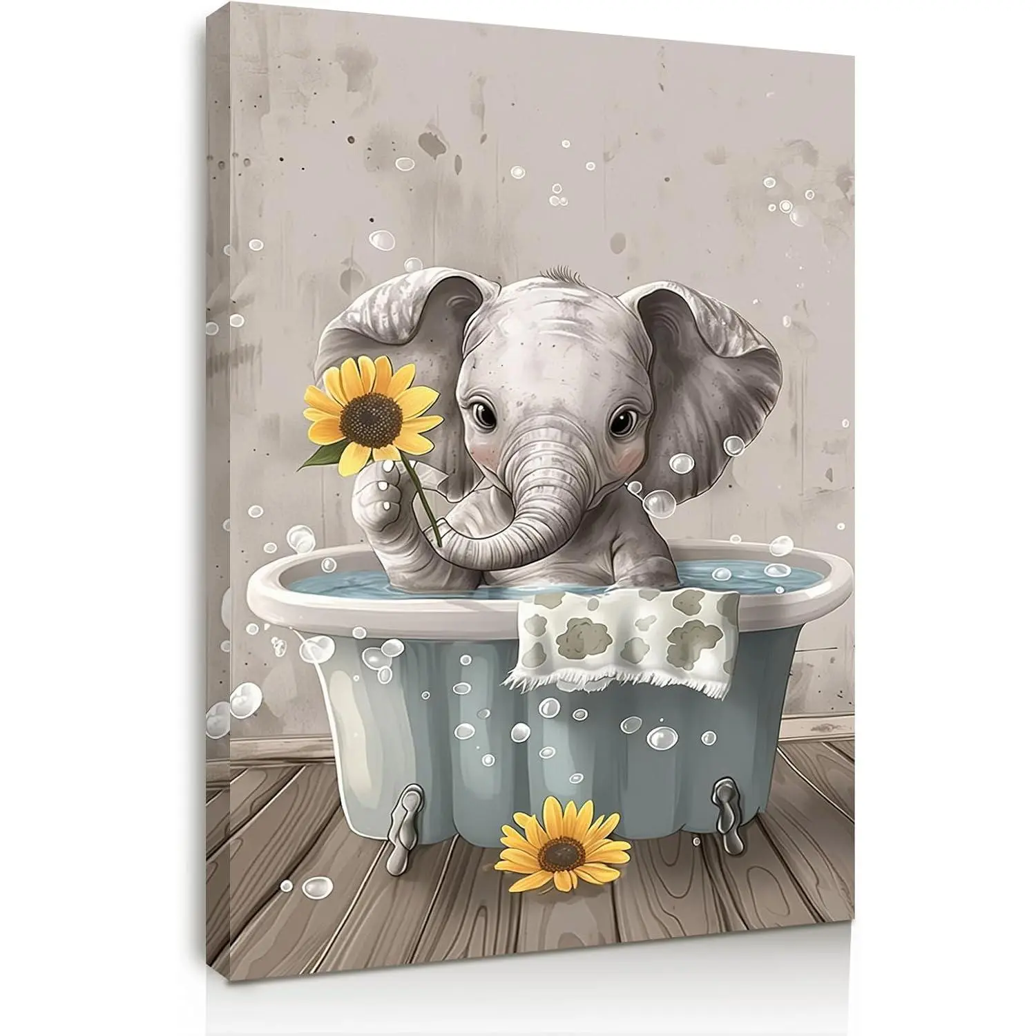 Funny Bathroom Wall Art Baby Elephant in Bathtub, Framed Canvas Wall Art for Farmhouse bathroom, Rustic Bathroom Wall Decor with Hooks and Nails, 12x16 Inch