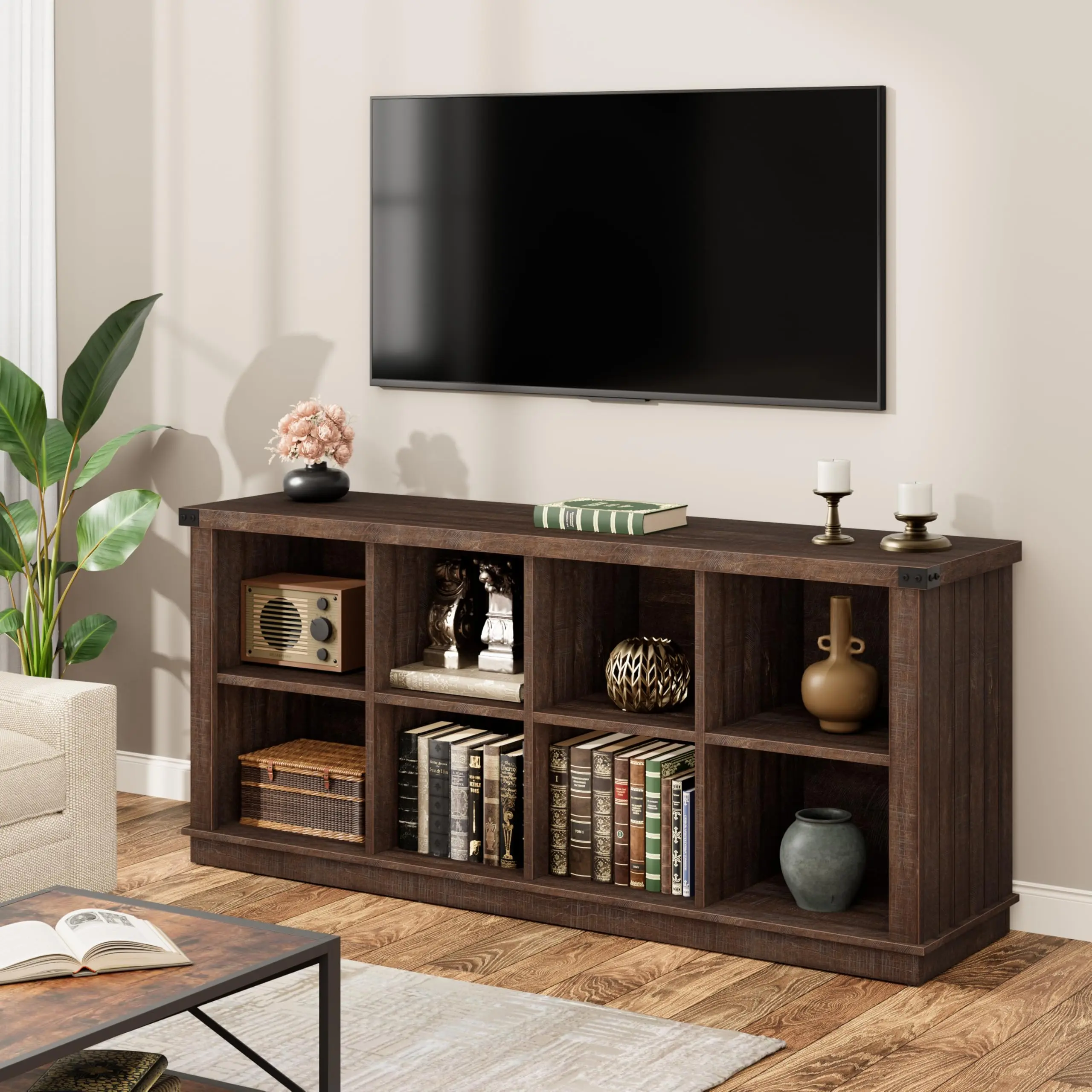 8 Cube Storage Organizer Bookshelf, Farmhouse Horizontal Bookcase, 62 in Long Low Bookshelf, Wood Storage Bookcase for Living Room, Entryway, Home Office