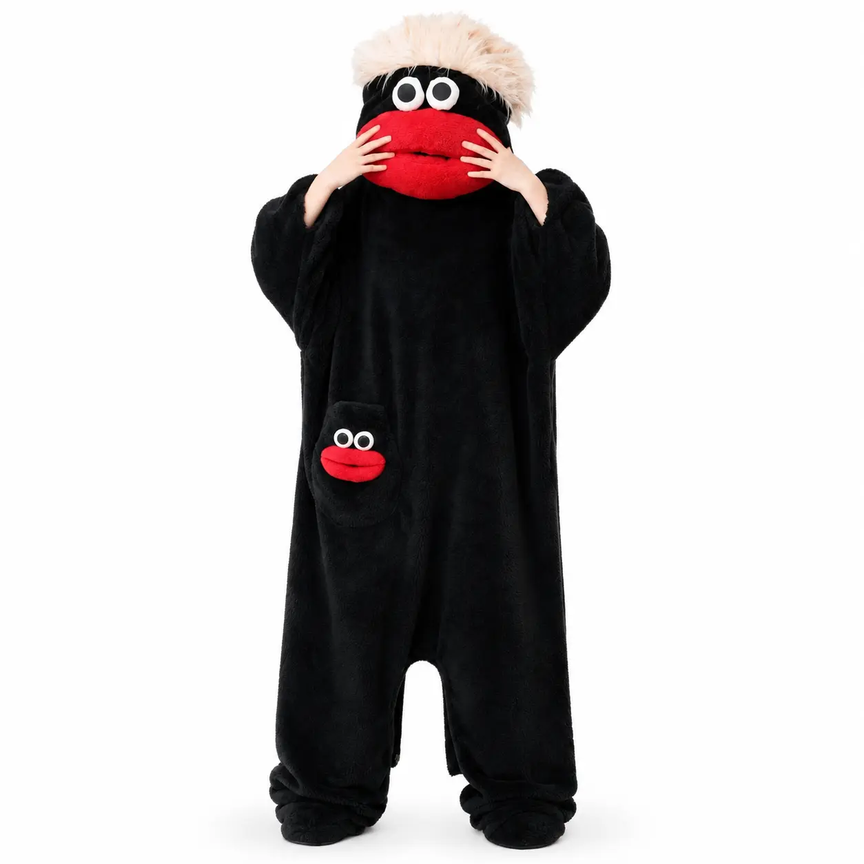 halloween costume, Silly Goofy Big Mouth Monster Onesie Pajamas Unisex for Women Men, Upgraded Ultra Cozy Fluffy Plush Wearable Blanket Hoodie, Complete Set With Comb & Matching Foot Covers, Unique Funny Gift Idea For Halloween Cosplay & Friend Party