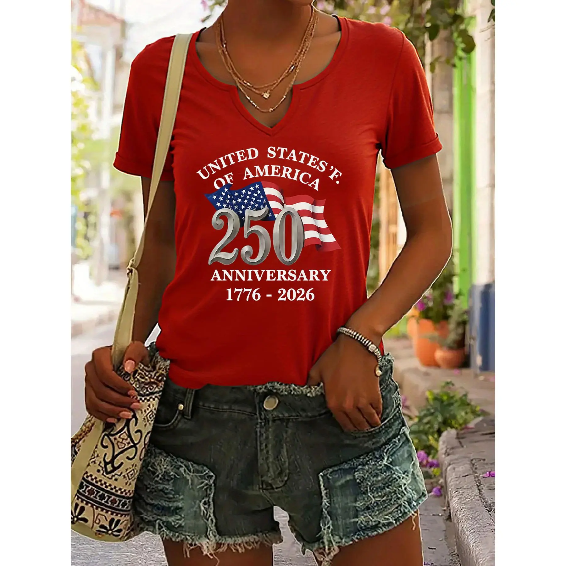 American Glory Print V-Neck Roll-Sleeve T-Shirt, Flag And 250th Anniversary Text, Low-Key Patriotic, Women'S Basic Style, Comfortable And Versatile for Daily Commute And Commemorative Wear