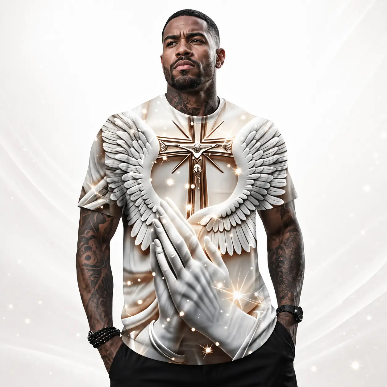 Men's 3D Printed Geometric Religious T-Shirt - Breathable Polyester Short Sleeve, Prayer Hands, Golden Cross, Angel Wings, Warm Beige Golden Pink Background, Faith Apparel, S-3XL for Daily Casual & Church Use, All Seasons