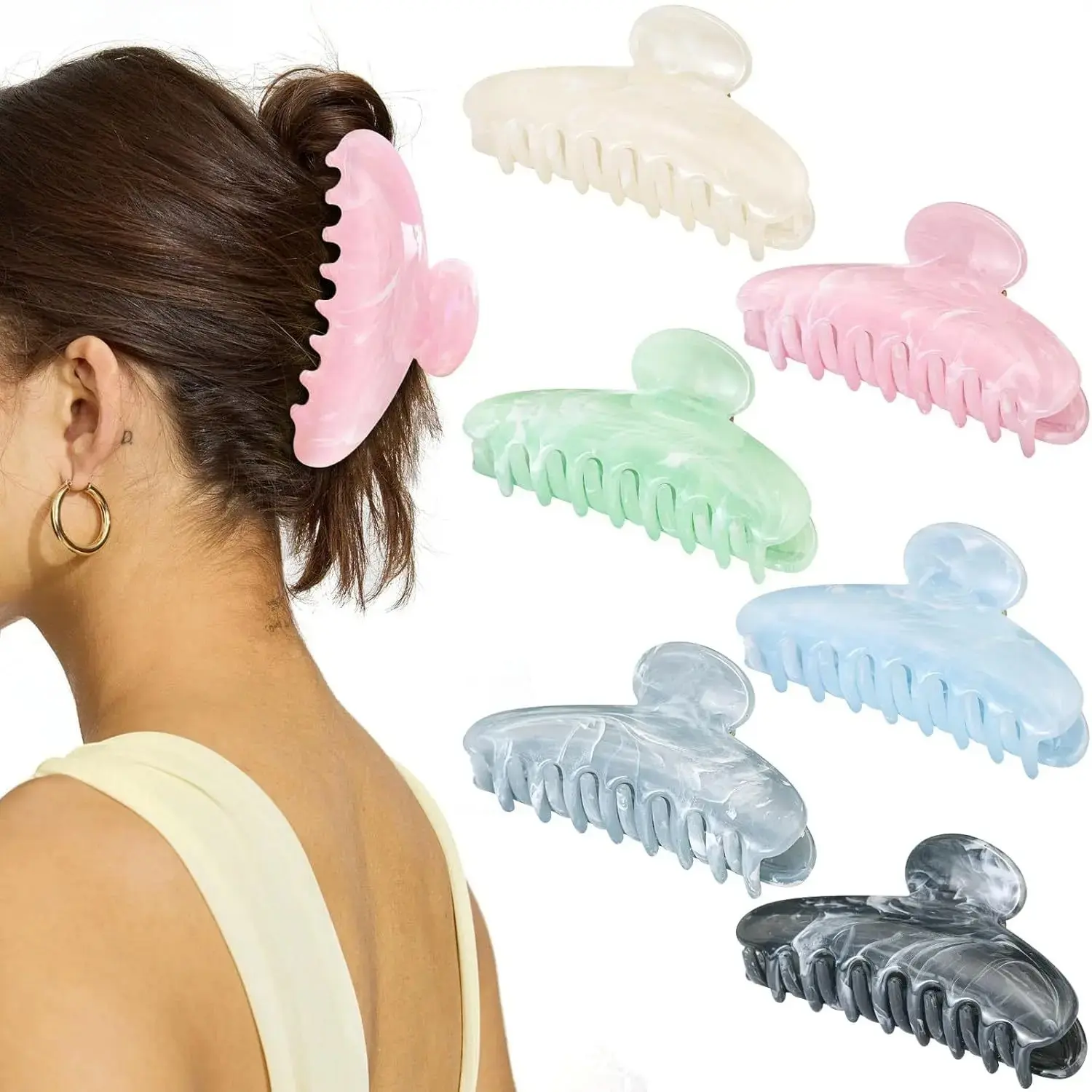 6pc Pastel Marble Hair Claw Clips Set, Large Non-Slip Acrylic Jaw Clips with Strong Spring Grip, Hair Claw Clips for Women Thick Curly Long Hair, Y2K Aesthetic Hair Accessories, TikTok Viral Claw Clips, Everyday Casual Updos, Beach & Vacation Styling