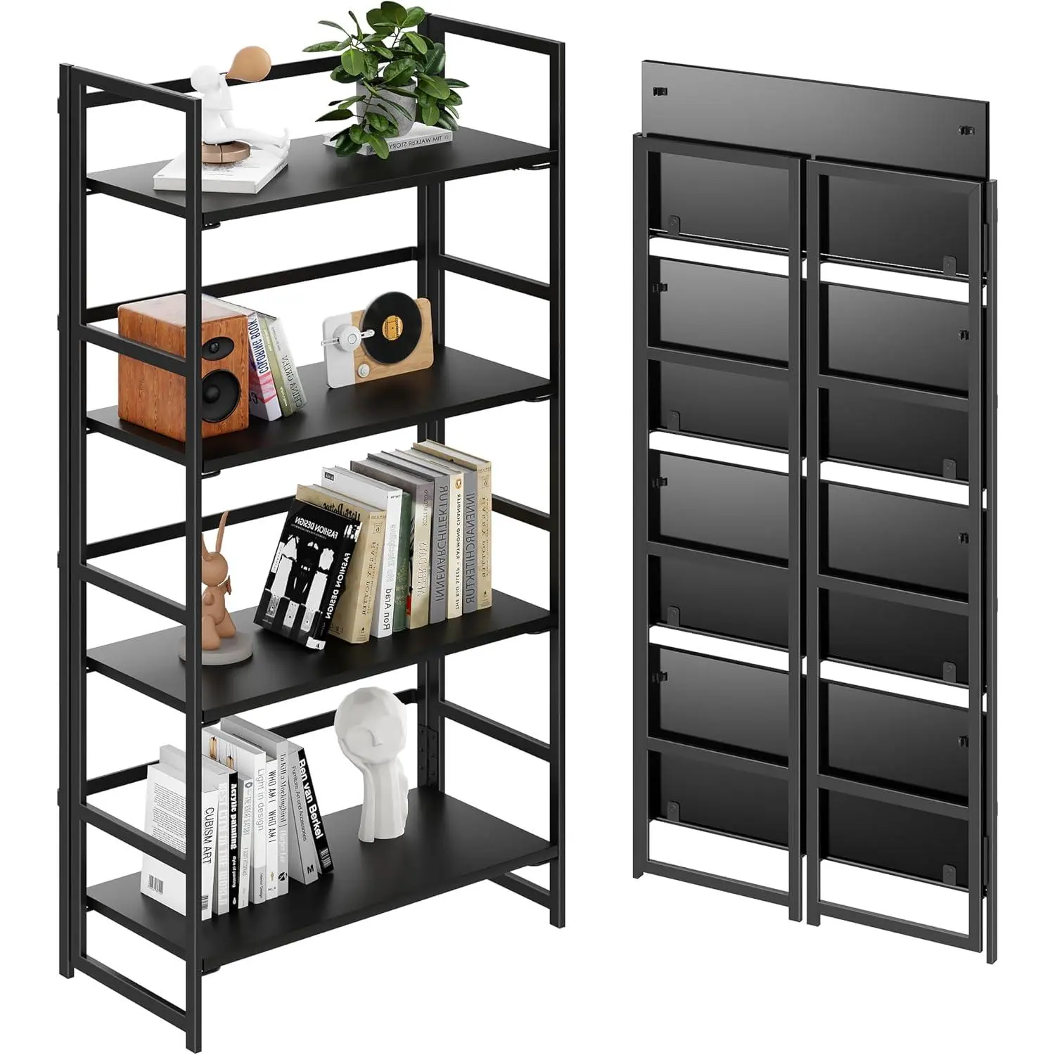 Multifunctional Folding Bookshelf, No-Assembly  Stand Storage Rack Shelves for  Office ( Black, 4-Tier)