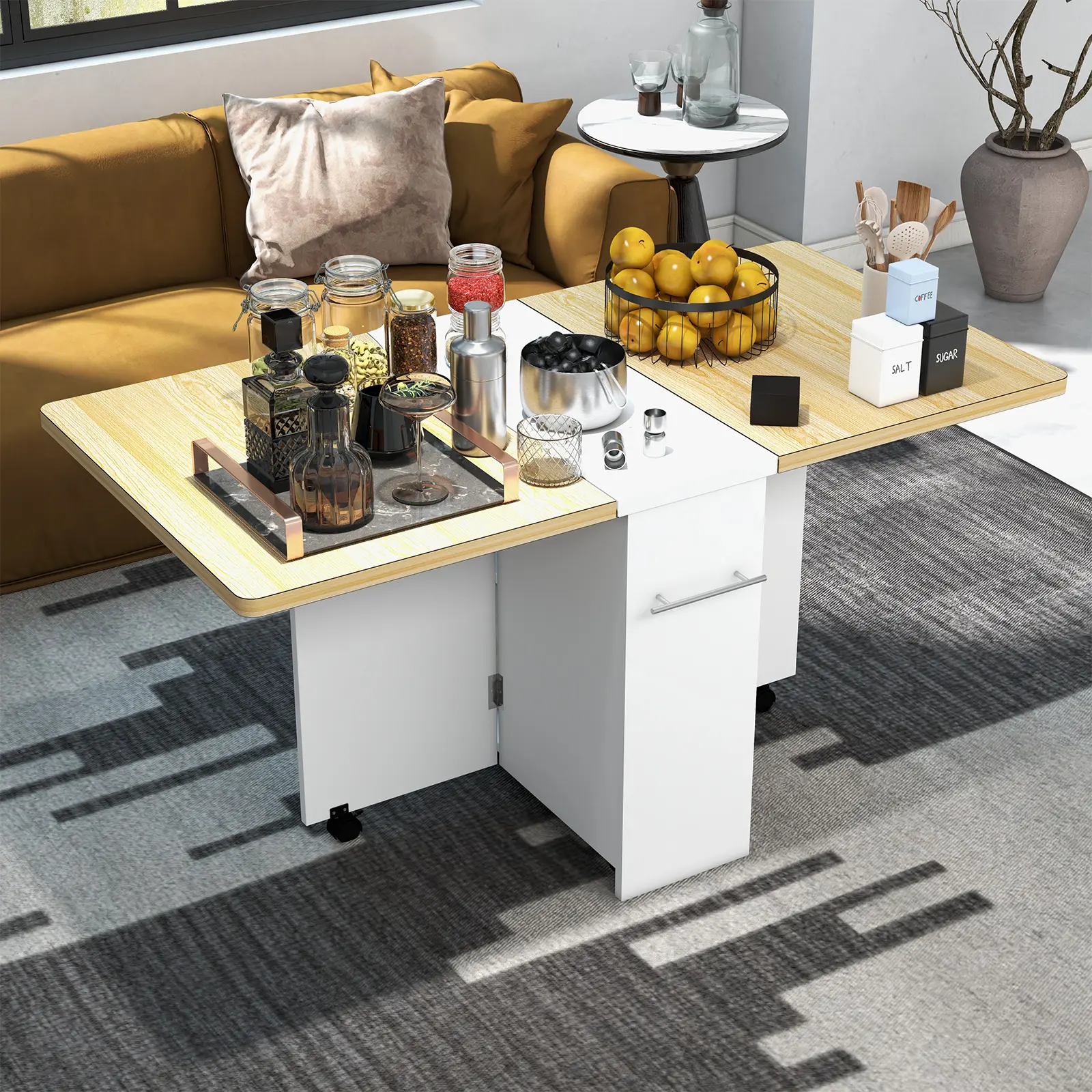 Folding Drop Leaf Dining Table, Plate-Type Expandable Kitchen Table with Storage Shelf and Lockable Wheels, Space Saving Dinner Table for Small Apartment, Dining Room