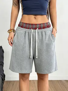 TikTok Viral Multi Color Plaid Patchwork Waist Drawstring Bermuda Sweat Shorts, Elastic High Waist Pocket Shorts, Y2K Preppy All Season Lounge Shorts for Daily Club Festival, Trendy Streetwear Bottoms for Ladies