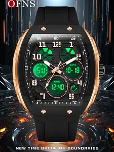 Ofns Whisky Barrel Shape Fashion Watch, Dual Display, Two Time Zones, Countdown, Stopwatch, Alarm, Night Light, Waterproof, Student Watch