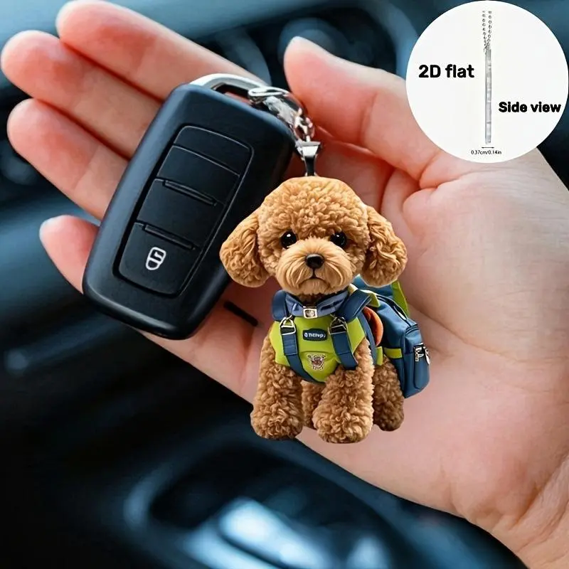 2D Flat Scratch Resistant Acrylic Teddy Dog Keychain, Double Sided Realistic Print, Metal Clasp & Hanging Chain, Backpack Charm, Car Ornament, Gift for Dog Lovers