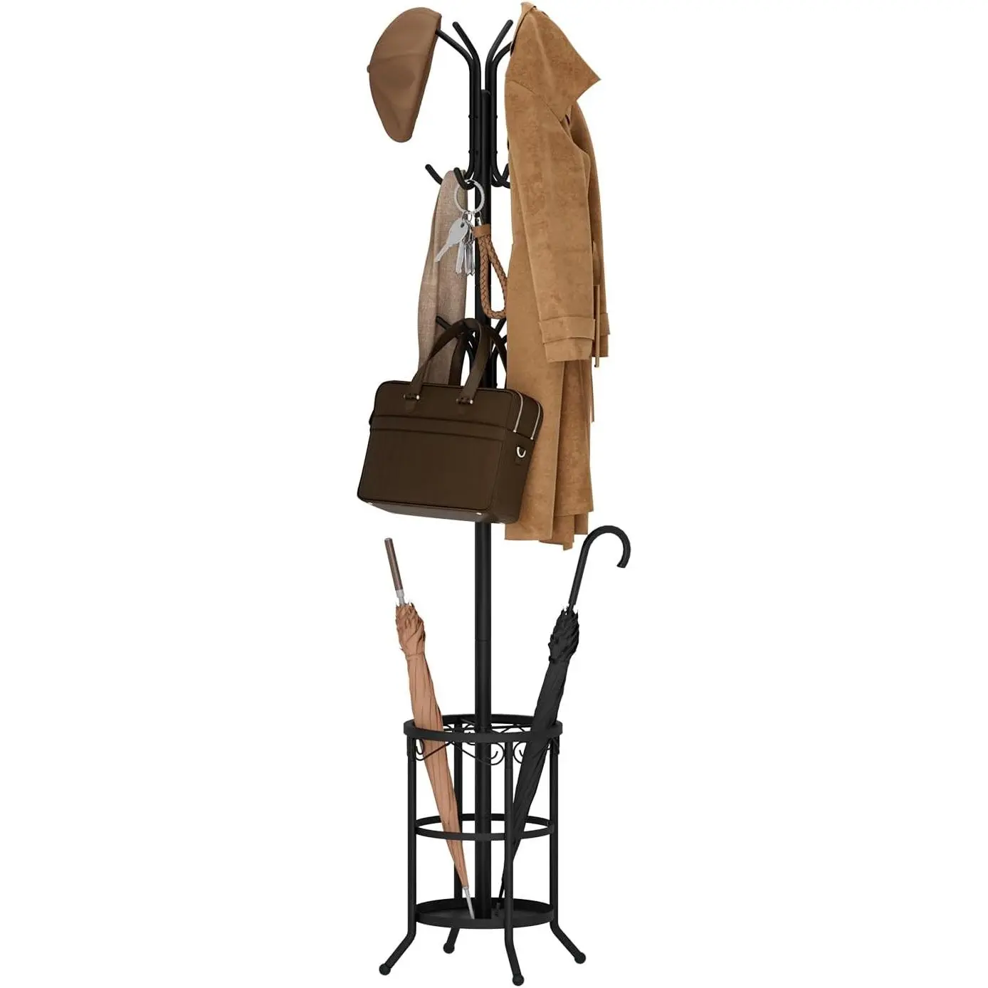 Coat Rack Freestanding with Umbrella Holder - Metal Hanger Stand, Hall Tree with 12 Hooks, Entryway Organizer for Hats, Bags, and Clothes (Black)