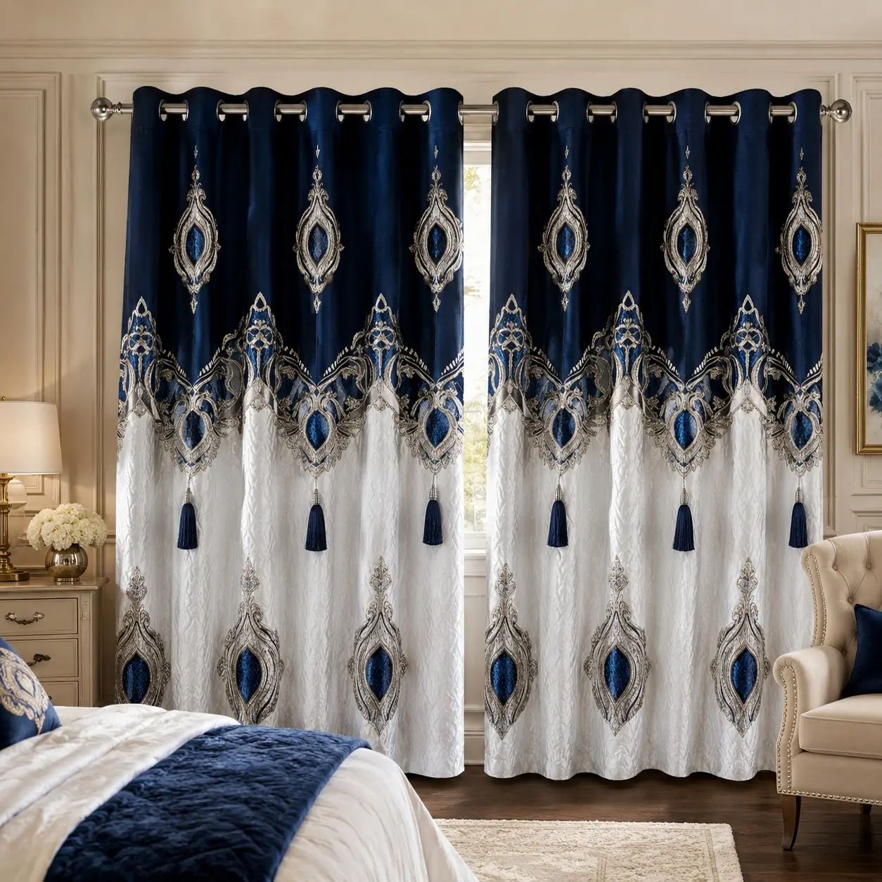 Non-Customised Striped Navy Blue Polyester Rod Pocket Curtain Panels - Drapes, Durable, Dustproof, Fade-Resistant, Machine Washable Household Textiles for Living Room