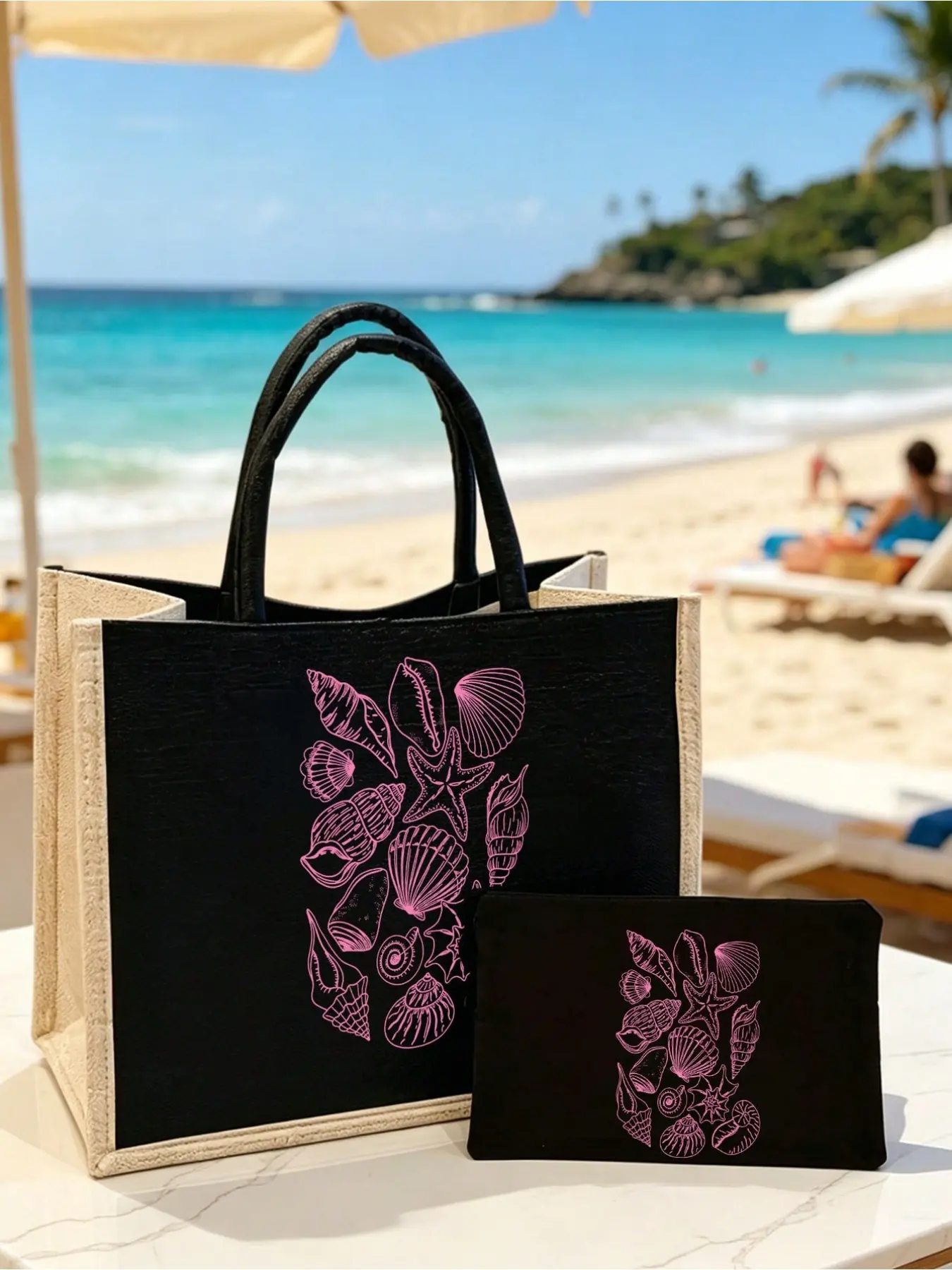 Ocean Shell Print Handbag/tote Bag + Makeup Pouch Set, Line Seashell Star Design, Lightweight Breathable, Perfect for Beach Vacation