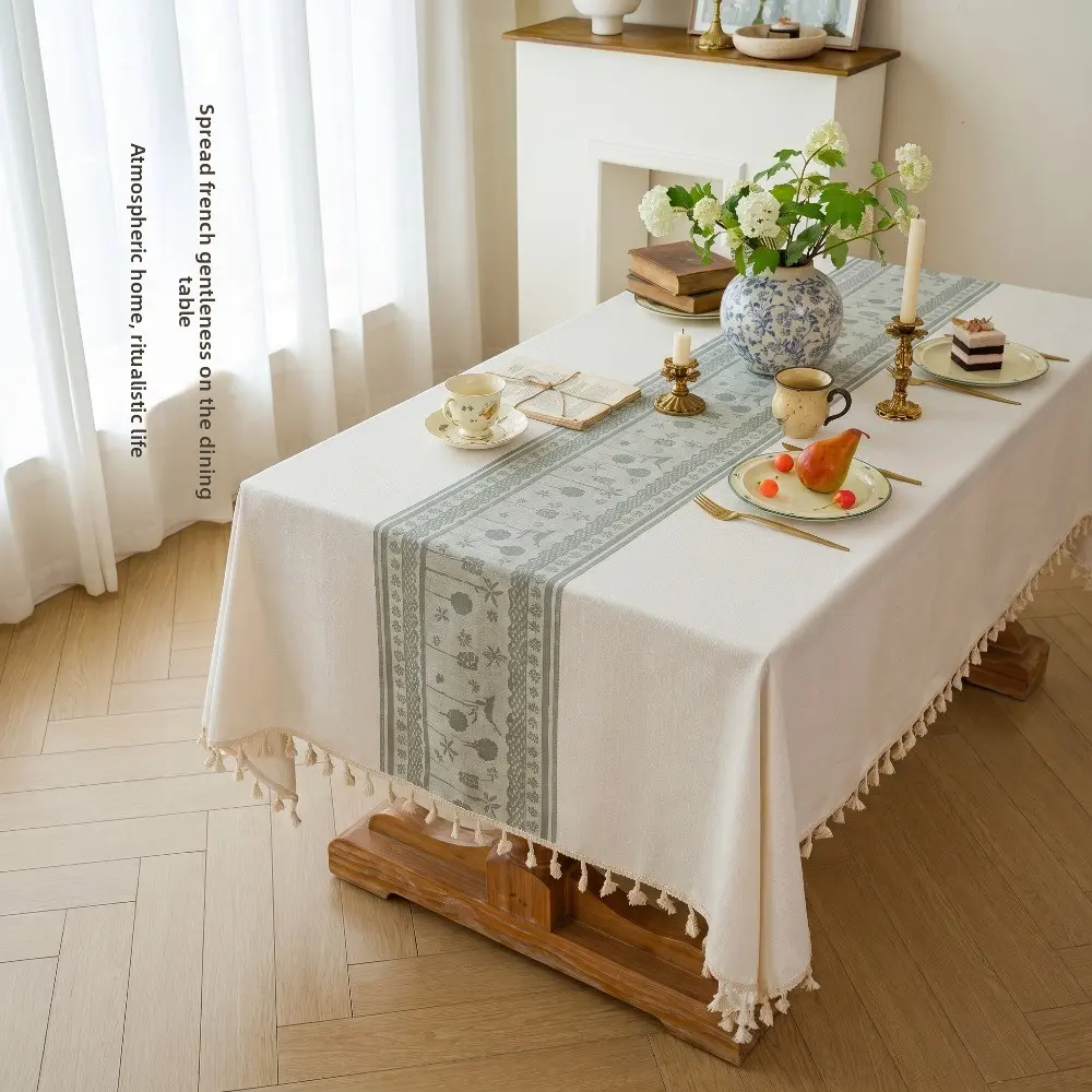 French Vintage Style Flowing Deer Call Su Cotton and Linen Tablecloth, Pastoral Beige Dining Tablecloth, Light Luxury Atmosphere Home Dining Table Cover, Home Afternoon Tea and Wedding Dining Table Decorative Fabric in Multiple Sizes