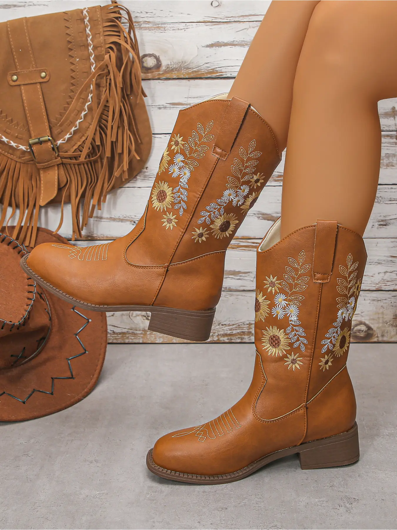 Women's Sunflower Floral Embroidery Mid-Calf Boots, Round Toe Low Heel, Vintage Western Classic Style, Daily Commute Party Fashion Shoes