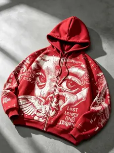 Graffiti retro, Vintage angel eyes print men's hoodie red zipper sweatshirt, angel wings women's hooded zipper cardigan sweatshirt autumn winter velvet coat Y2K sweatshirt 2026