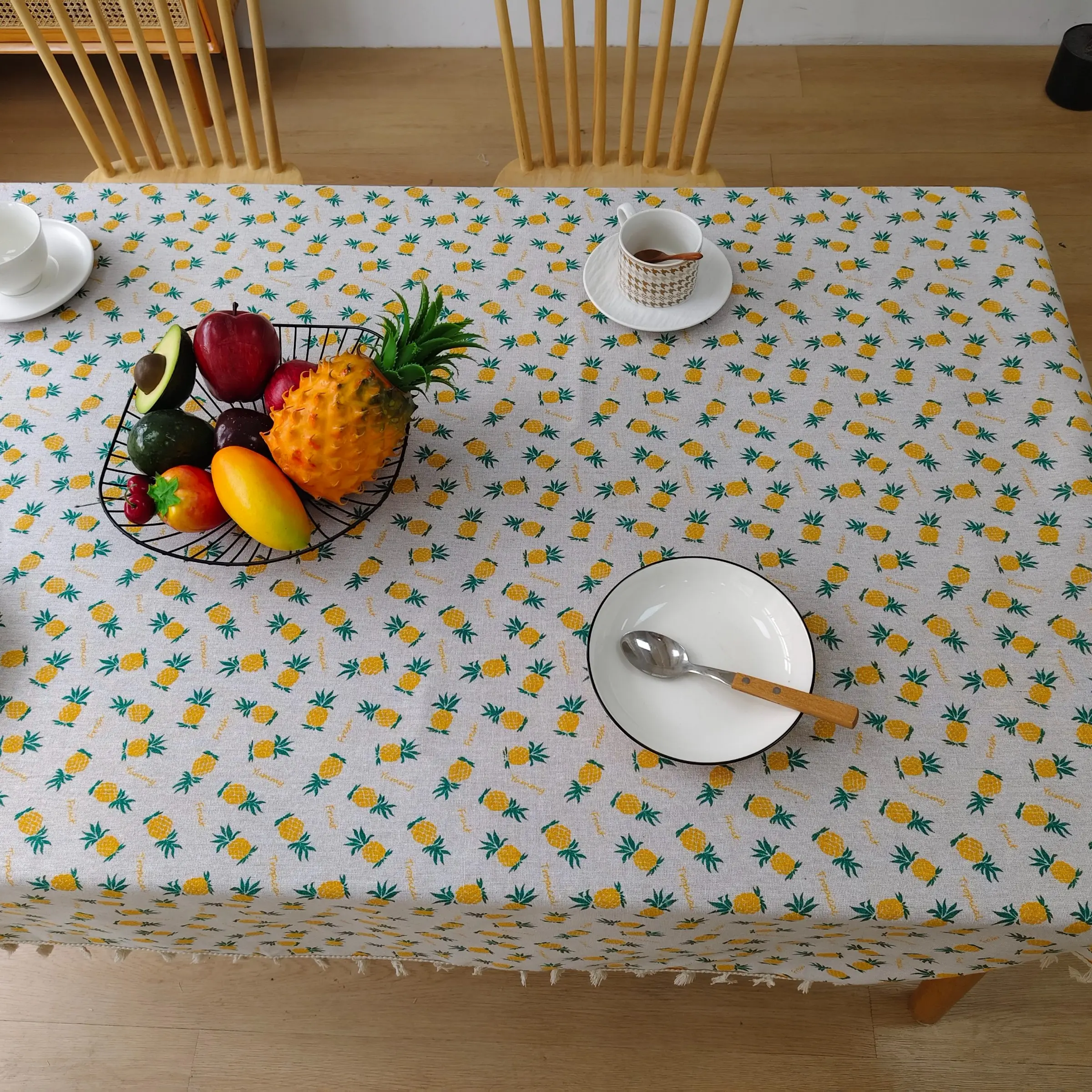 Pineapple Fringe Tablecloth, Hand-Drawn Pineapple Print, Rice Background, Cotton Linen Fabric, Water Washable, Home Photography Backdrop