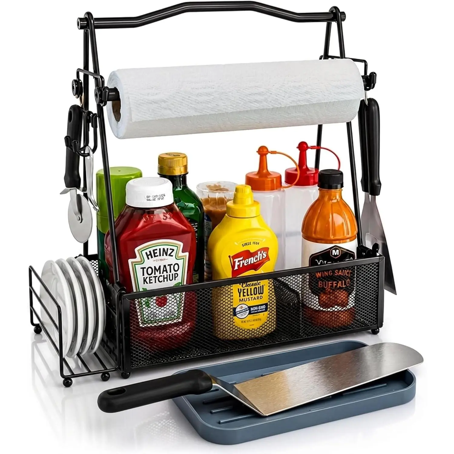 Foldable Grill Caddy Basket with Paper Roll Holder, Hooks, Compartments - Outdoor Kitchen BBQ Accessories