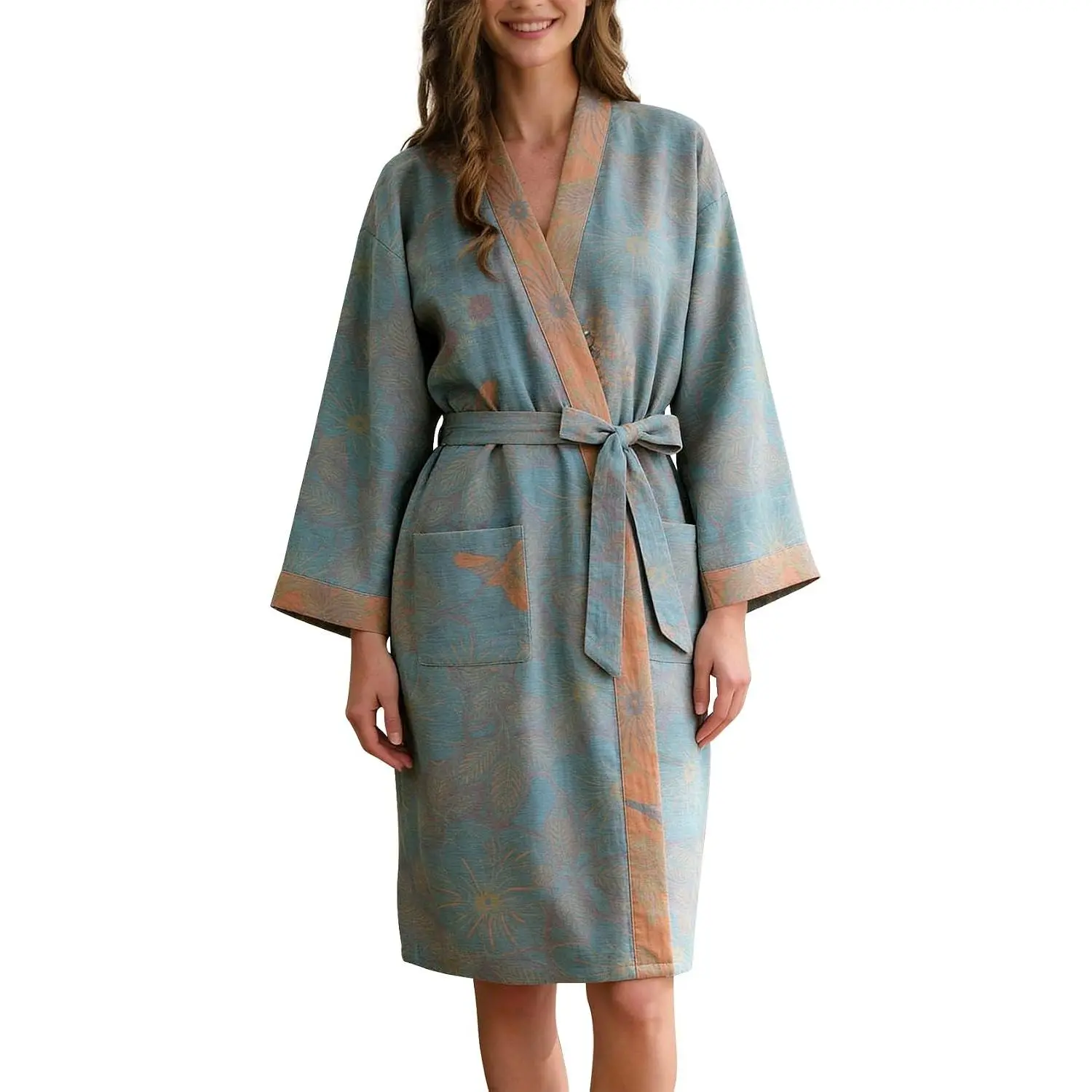 Women Cotton Double Gauze Kimono Robe Sleepwear Floral Bathrobe