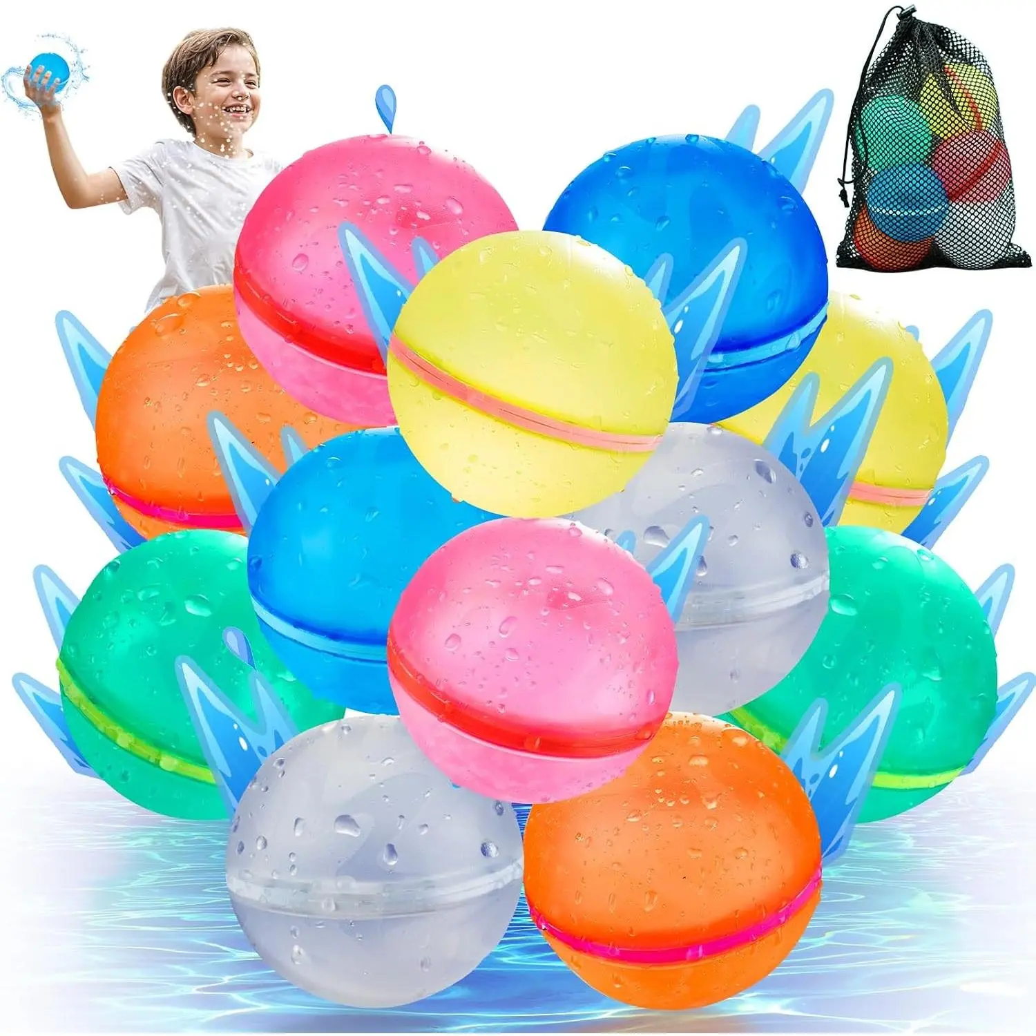 12 Pack Reusable Magnetic Self-Sealing Refillable Water Balloons for Kids, Silicone Water Balls Pool Toys for Summer Outdoor Games, Suitable for Ages 3+