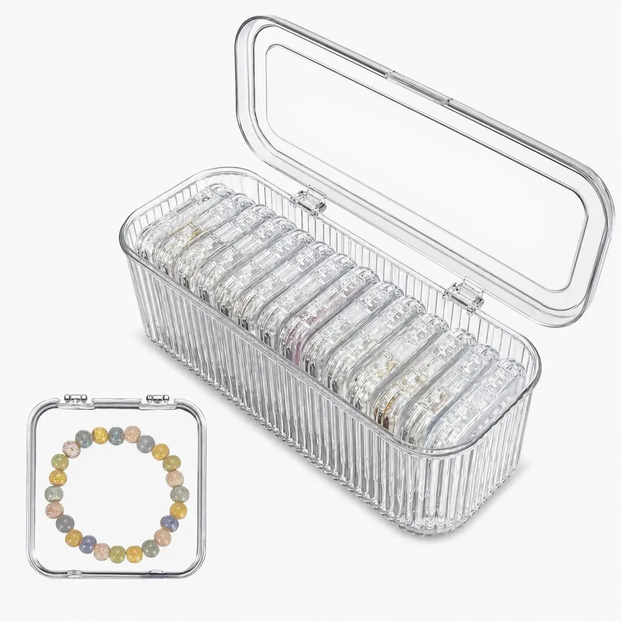 Jewelry organizer set with 14 clear compartments, large capacity transparent organizer, nail art storage box, portable bead organizer, measuring 10 x 3.6 x 4.3 inches. Ideal for travel and crafting, a compact and portable travel accessory.
