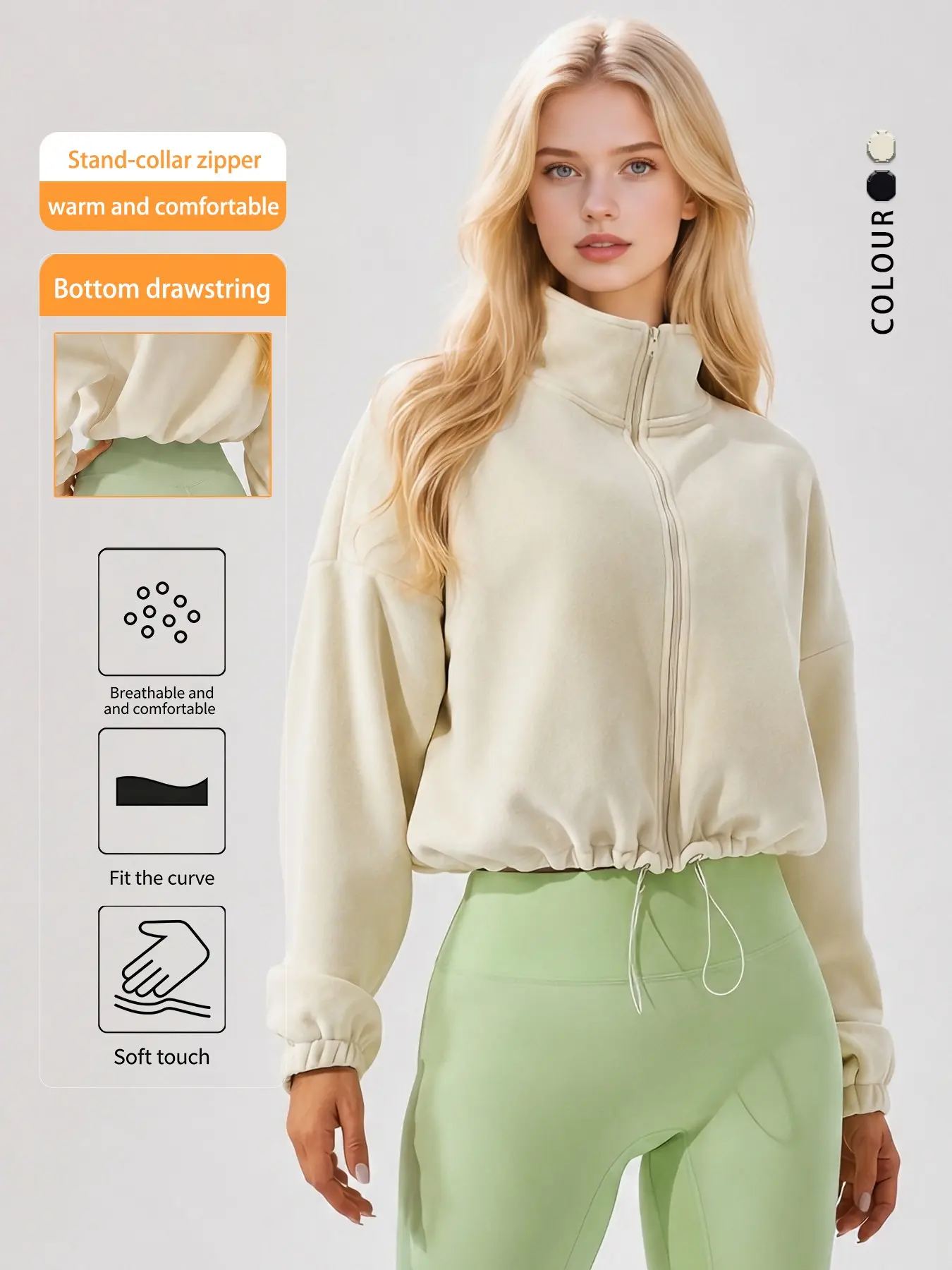 Stand Collar Zipper Short Sports Jacket, Drawstring Hem, Elastic Sleeve, Windproof Warm Soft Fleece, Ideal for Fitness, Running, Outdoor Activities