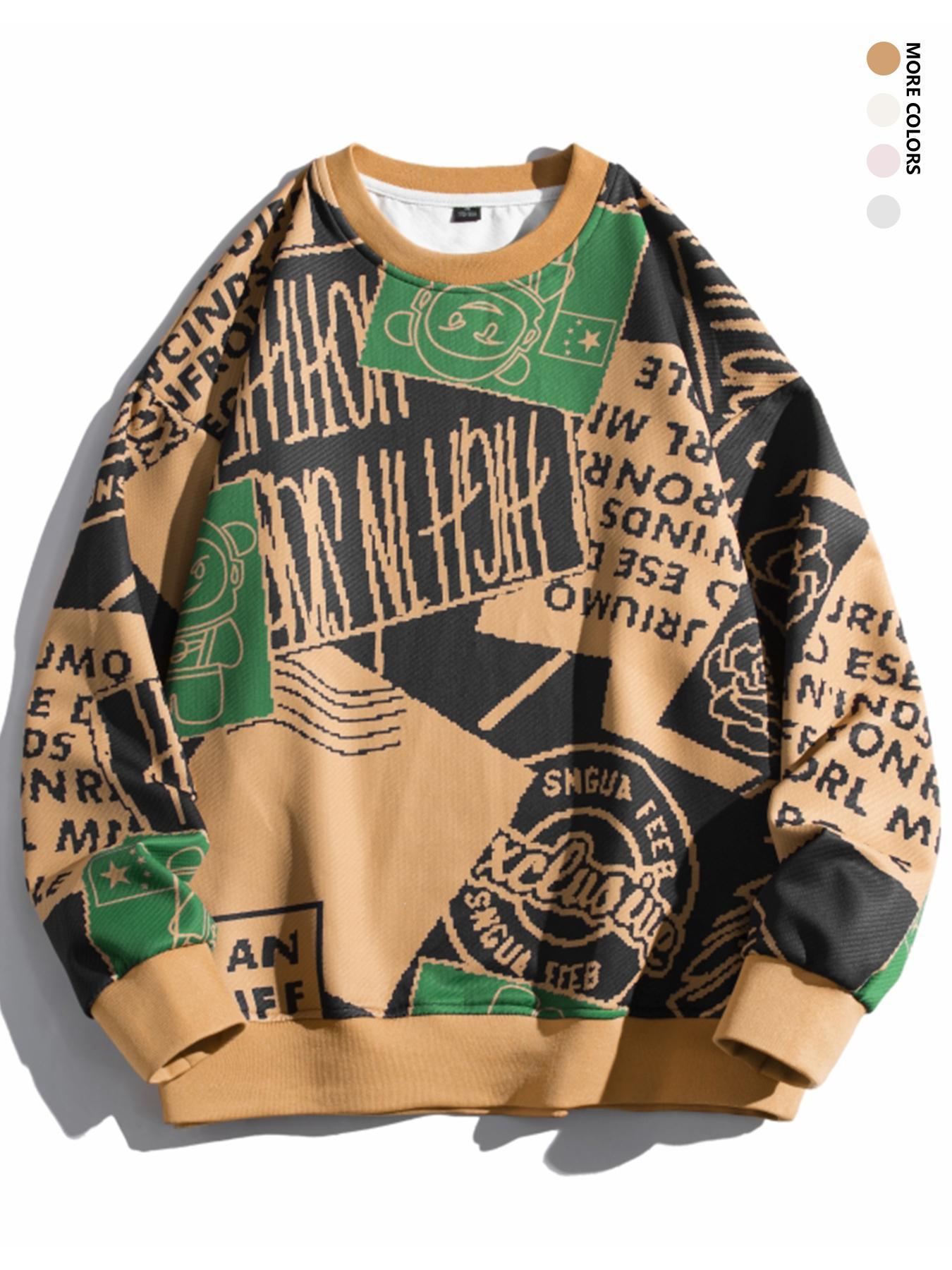 Men's Patchwork Letter Print Drop Shoulder Sweatshirt, Loose Casual Long Sleeve Round Neck Pullover for Fall & Winter, Men's Clothes for Daily Wear