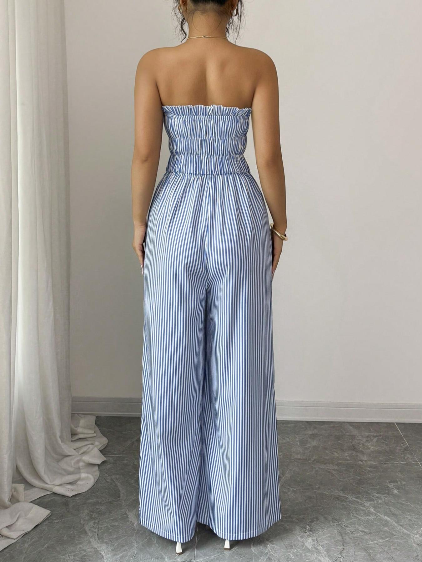 Women's Summer Casual Striped Bandeau Wide Leg Jumpsuit