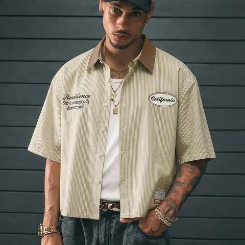 Vintage "California" Striped Shirt, Streetwear Style, Contract Collar & Short Sleeve, Retro American Fashion, Casual Baggy Top for Men, Streetwear Shirts