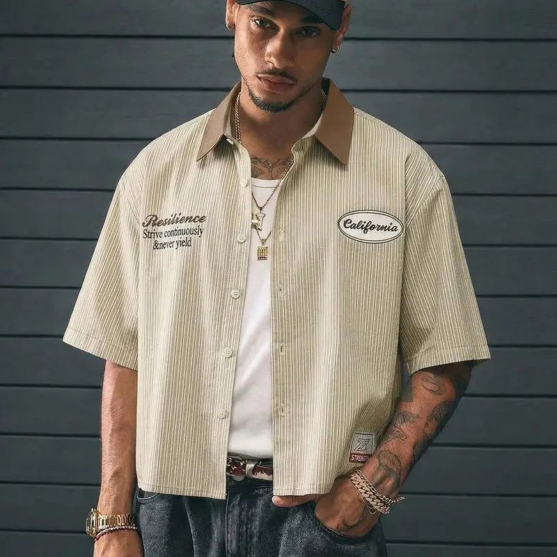 Vintage "California" Striped Shirt, Streetwear Style, Contract Collar & Short Sleeve, Retro American Fashion, Casual Baggy Top for Men, Streetwear Shirts