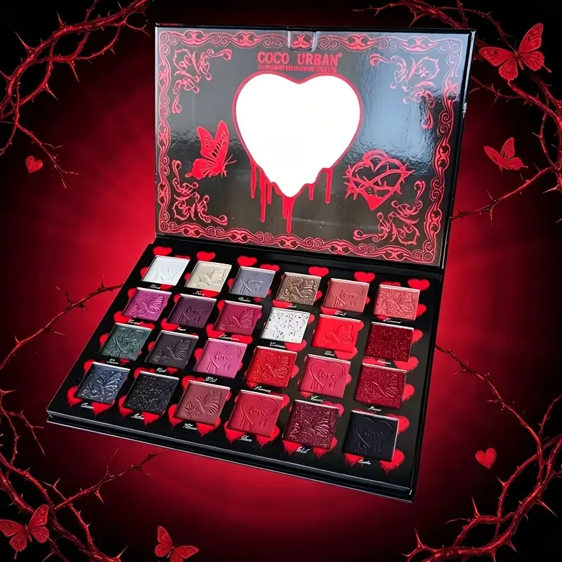 24 Colors Heart Embossed Eyeshadow Palette, Highly Pigmented Palette, Matte Metallic Sparkly Gothic Eye Makeup, Long Wearing Pigmented Red Dark Tone Eyeshadow Tray for Daily & Dramatic Looks, Eye Shadow Palettes