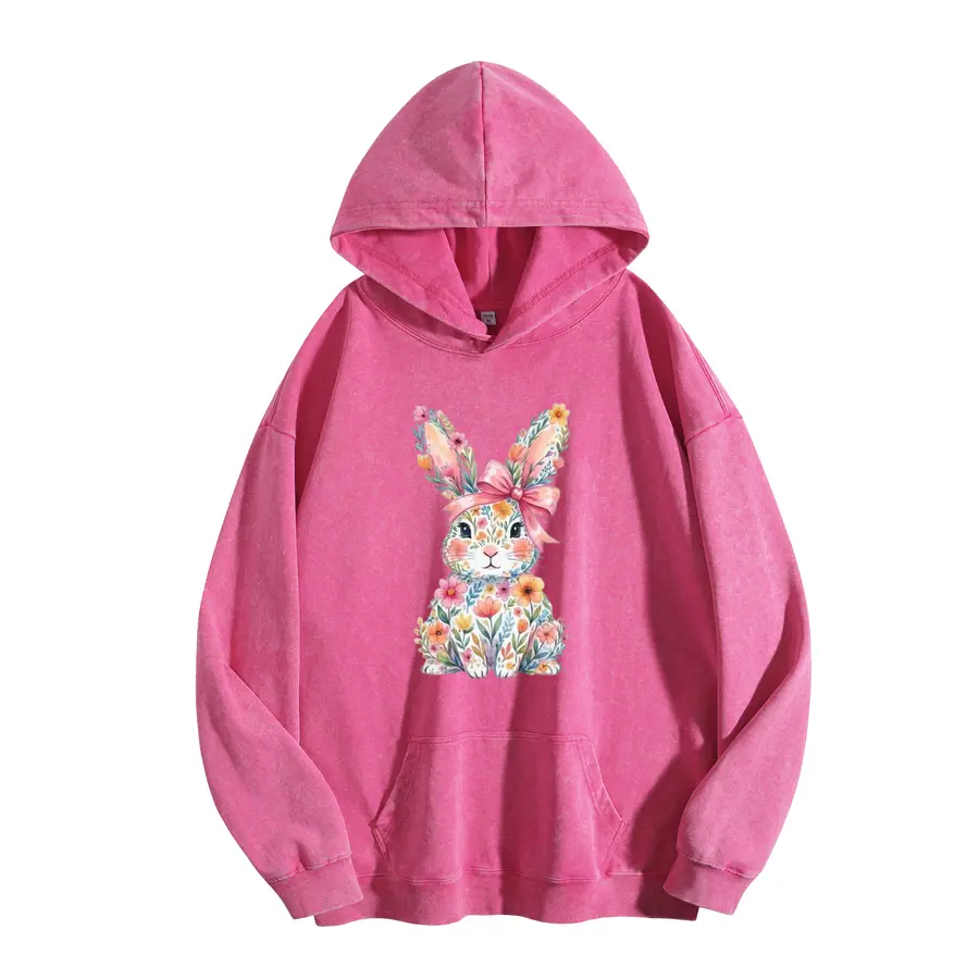 Wayii Women's Oversized Floral Bunny Graphic Hoodie - Vintage, Loose, Long-Sleeve Polyester Streetwear Pullover, Aesthetic Everyday Top for Pairing with Jeans & Leggings, Fabric, Loungewear
