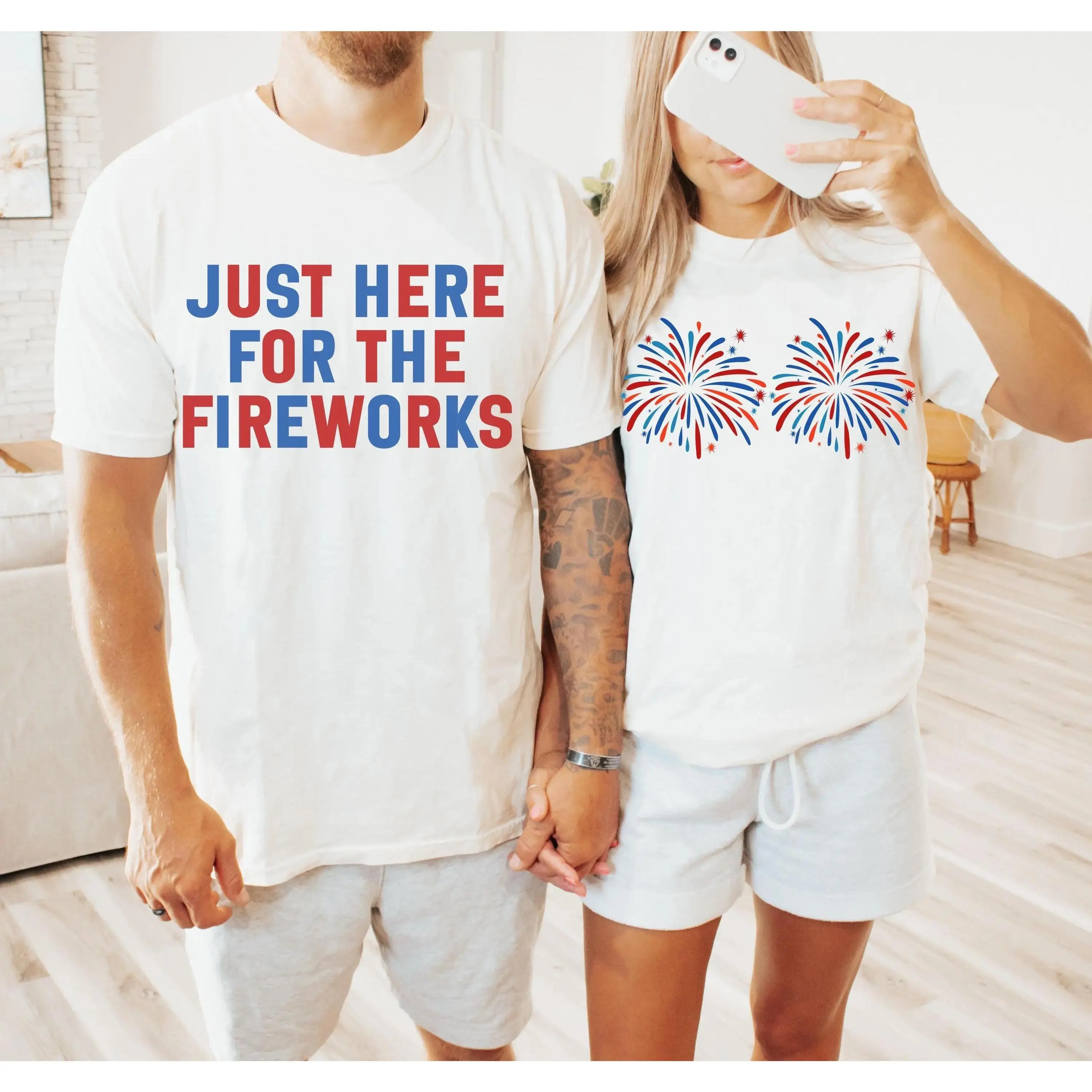4th of July Couple Shirts, Just Here For The Fireworks Matching Tees, Funny Patriotic USA T-Shirts, Oversized Unisex Summer Outfit Casual Blue