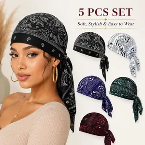 5-Pack Unisex Paisley Bandana Headscarf Durag Cap • Pre Tied Hair Wrap Bonnet Biker Skull Cap Value Bundle