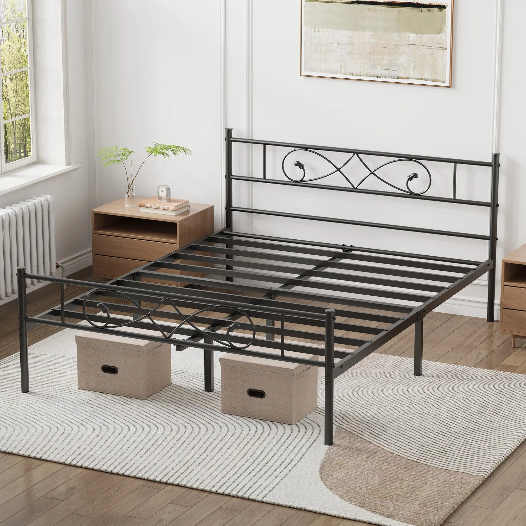 Victorian Vintage Metal Platform Bed Frame – Forged Floral Scroll Headboard & Footboard, Heavy Duty Iron, Under Bed Storage, Easy Assembly, No Box Spring Required,dorm essentials,home decor