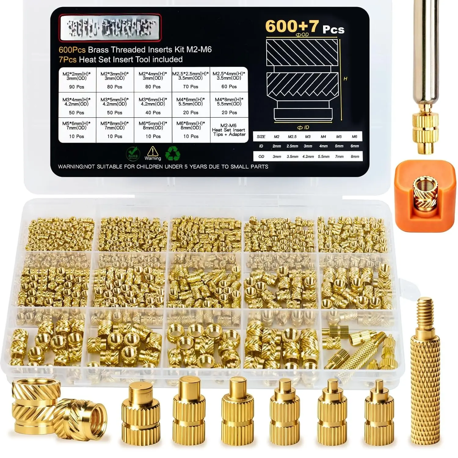607 count Threaded Inserts for Plastic, Heat Set Inserts M2/2.5/3/4/5/6 | Brass Inserts for  Printing, Knurled Hardware Nuts with Heat Set Insert Tool and Soldering Tips