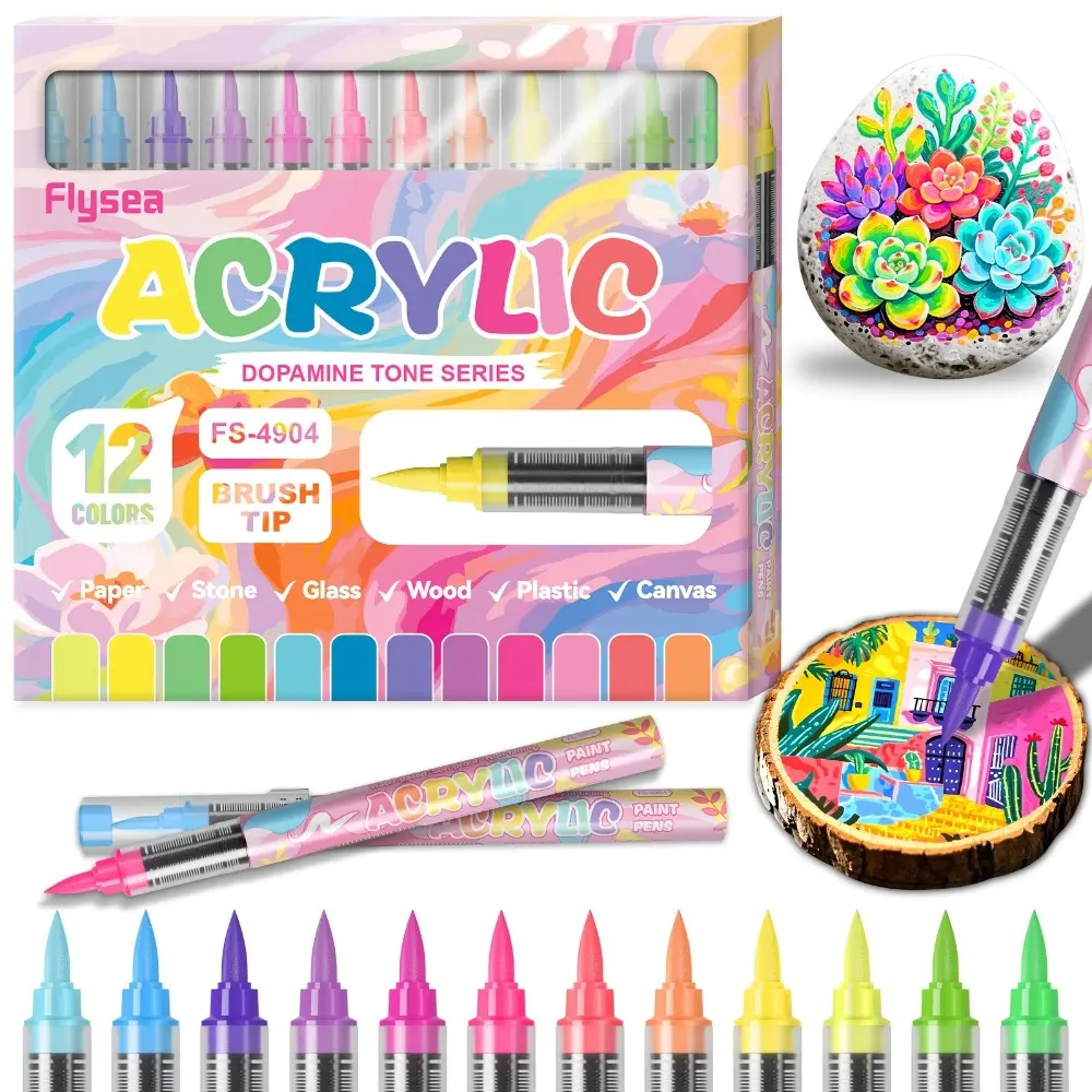 Flysea 12PCS Acrylic Paint Pens Set - Soft Brush Tip Acrylic Paint Markers, Gray Brown Tone Series Multiple Tones Journaling Supplies for Rock, Ceramic, Office Stationery Writing & Coloring Tools