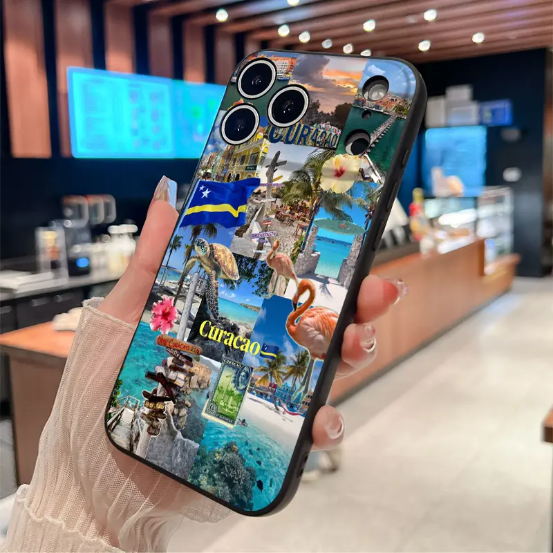 Straight Edge Phone Case for iPhone 17 15 16 14 Pro Max 13 12 11 XR XS Plus Air E Caribbean Tropical Paradise Pattern Pocket-Friendly Shockproof Liquid Silicone Protective Soft Smartphone Casing