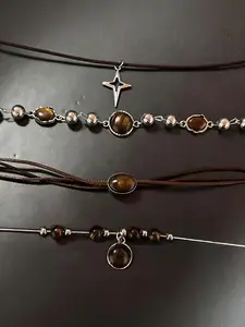 4-Piece Vintage Faux Leather Brown Stone Pendant Necklace Set, Stackable Short Necklaces, Elegant Collarbone Chains, Women's All-Season Necklaces