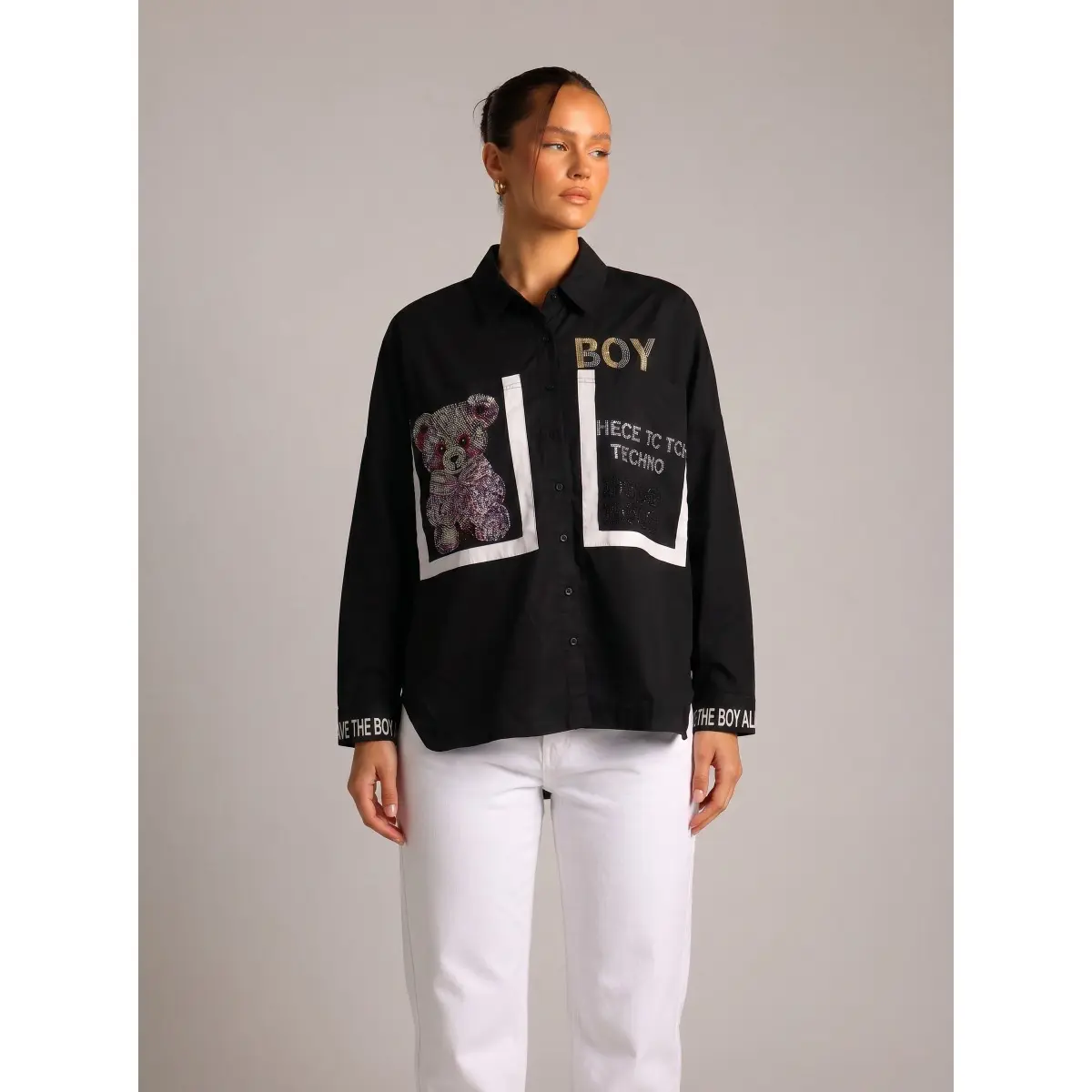 TCH - B Black Techno-Goth Patchwork Over-Shirt | Rhinestone Bear & Gold Text | 2026 Neo-Cyber Grunge Essential